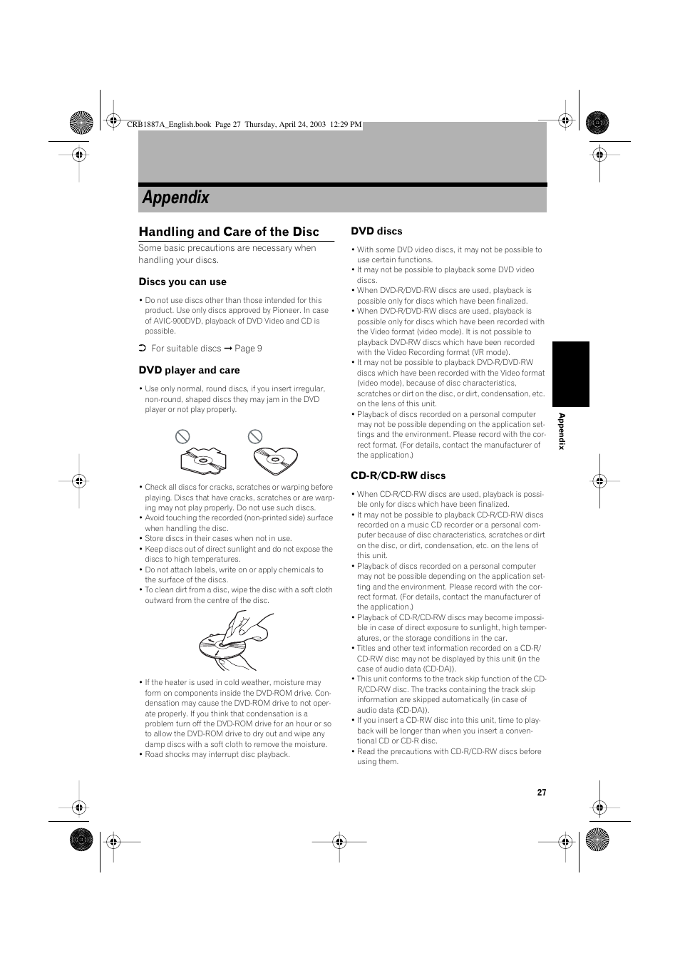 Appendix, Handling and care of the disc | Pioneer AVIC600T-II User Manual | Page 28 / 30