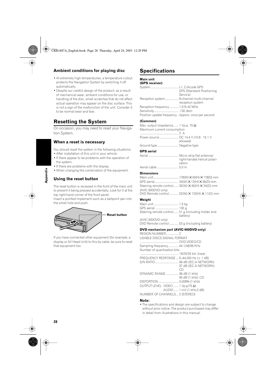 Resetting the system, Specifications | Pioneer AVIC600T-II User Manual | Page 29 / 30