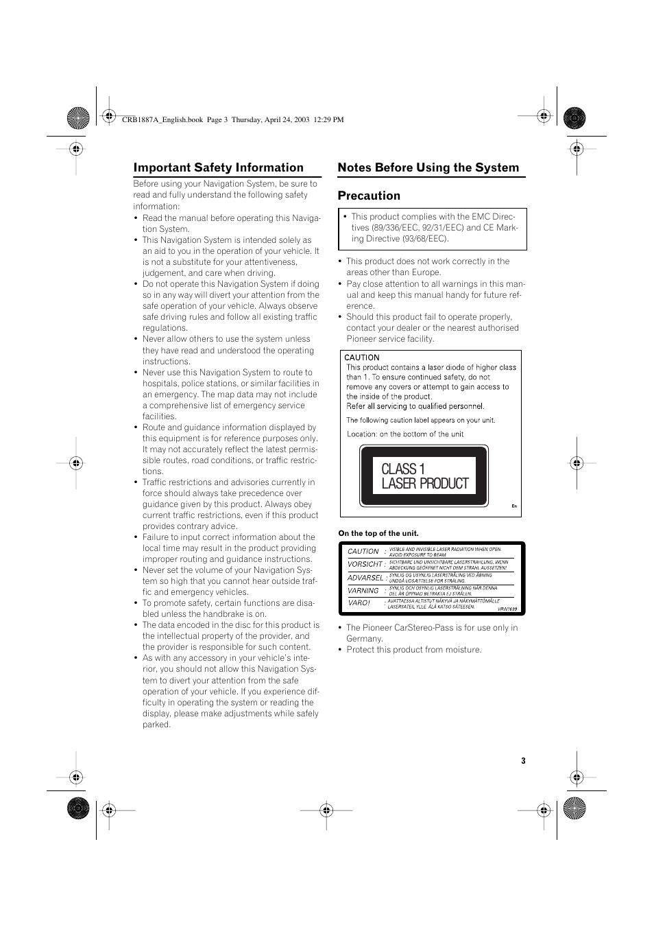 Class 1 laser product, Important safety information | Pioneer AVIC600T-II User Manual | Page 4 / 30