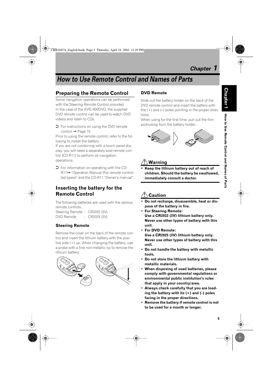 How to use remote control and names of parts, Chapter, Preparing the remote control | Inserting the battery for the remote control | Pioneer AVIC600T-II User Manual | Page 6 / 30