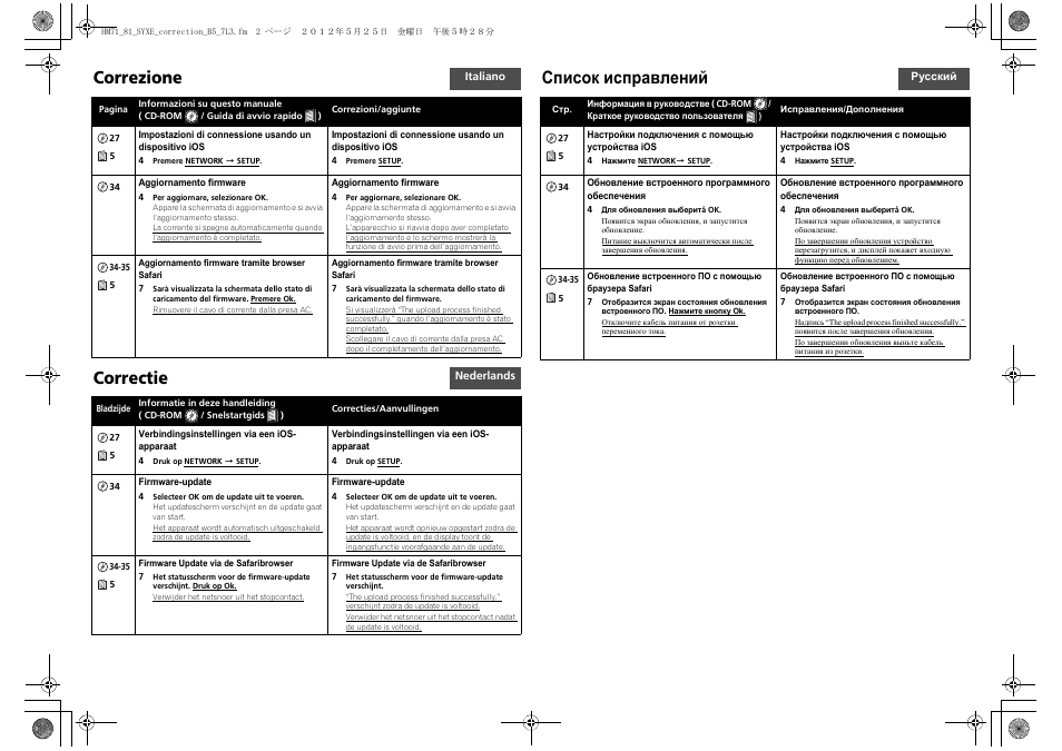Correzione, Correctie, Список исправлений | Pioneer XC-HM81-S User Manual | Page 2 / 2
