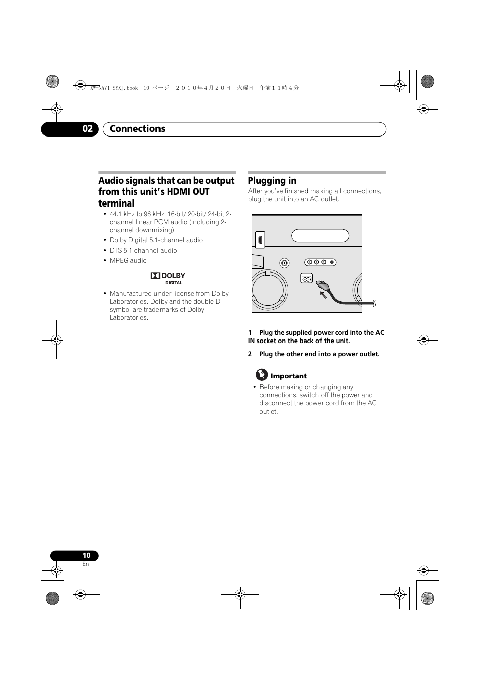 Audio signals that can be output from this, Unit’s hdmi out terminal, Plugging in | Connections 02 | Pioneer XW-NAV1-K User Manual | Page 10 / 128