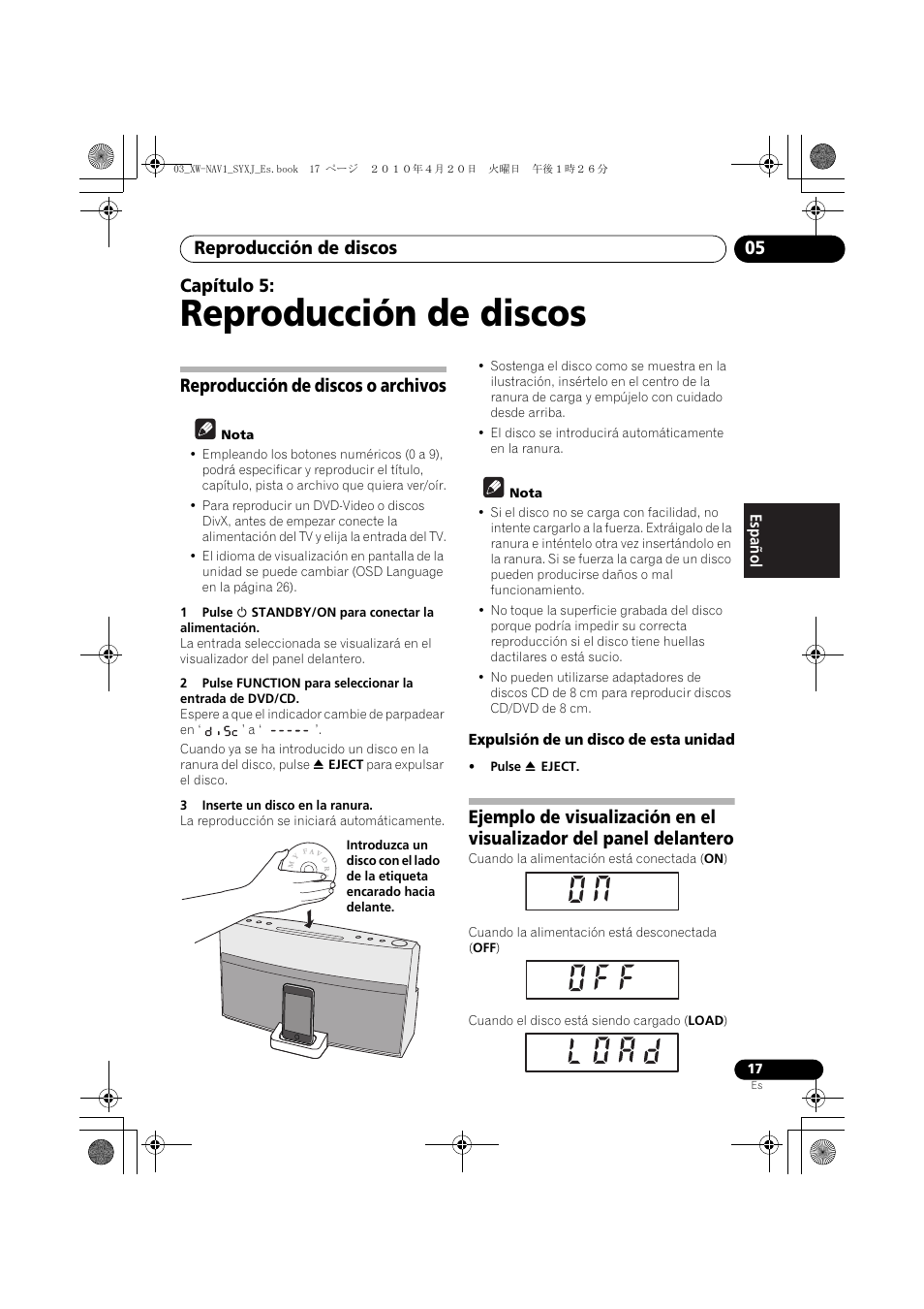 05 reproducción de discos, Reproducción de discos o archivos, Expulsión de un disco de esta unidad | Reproducción de discos, Reproducción de discos 05, Capítulo 5 | Pioneer XW-NAV1-K User Manual | Page 101 / 128