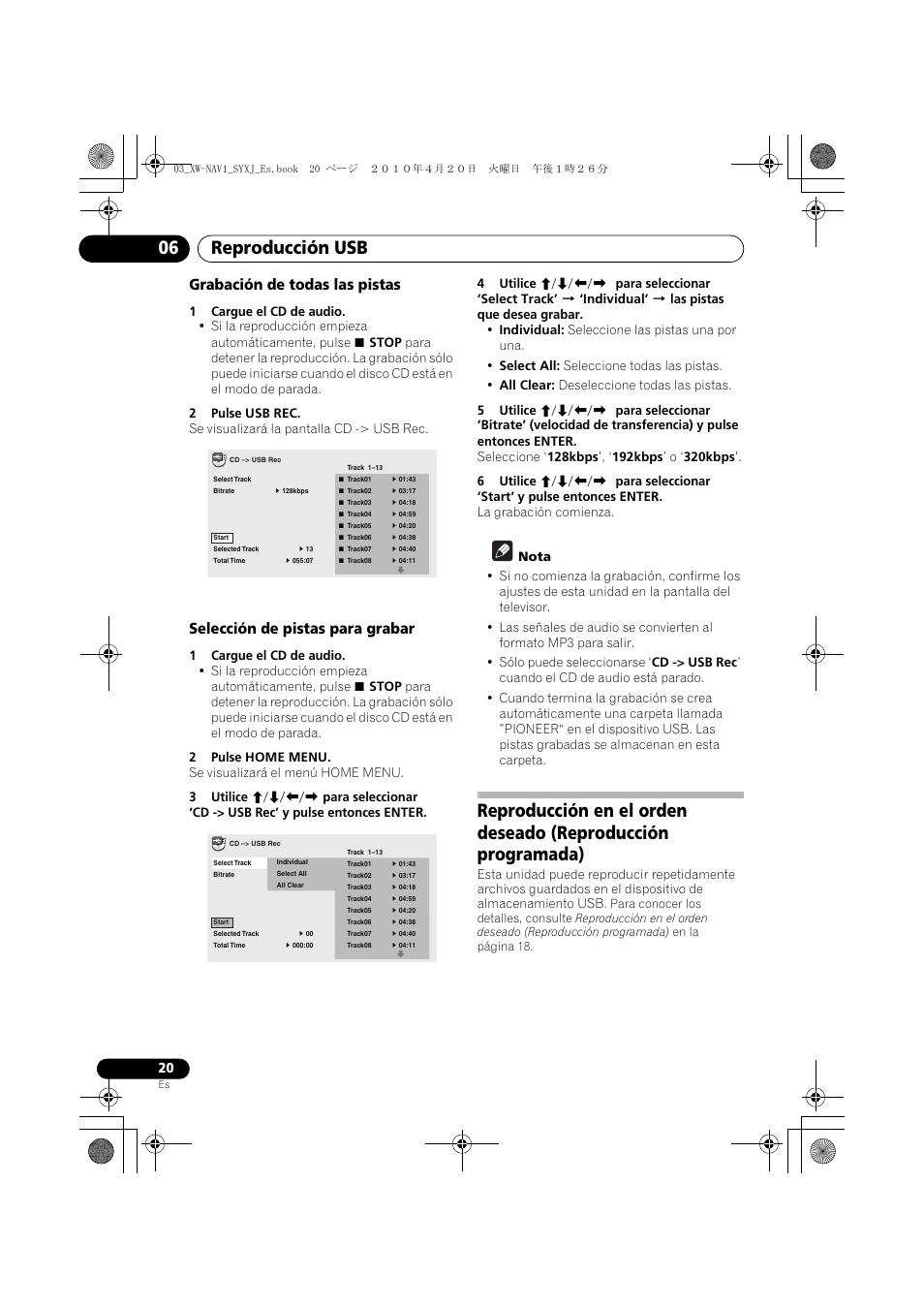 Reproducción usb 06, Grabación de todas las pistas, Selección de pistas para grabar | Pioneer XW-NAV1-K User Manual | Page 104 / 128