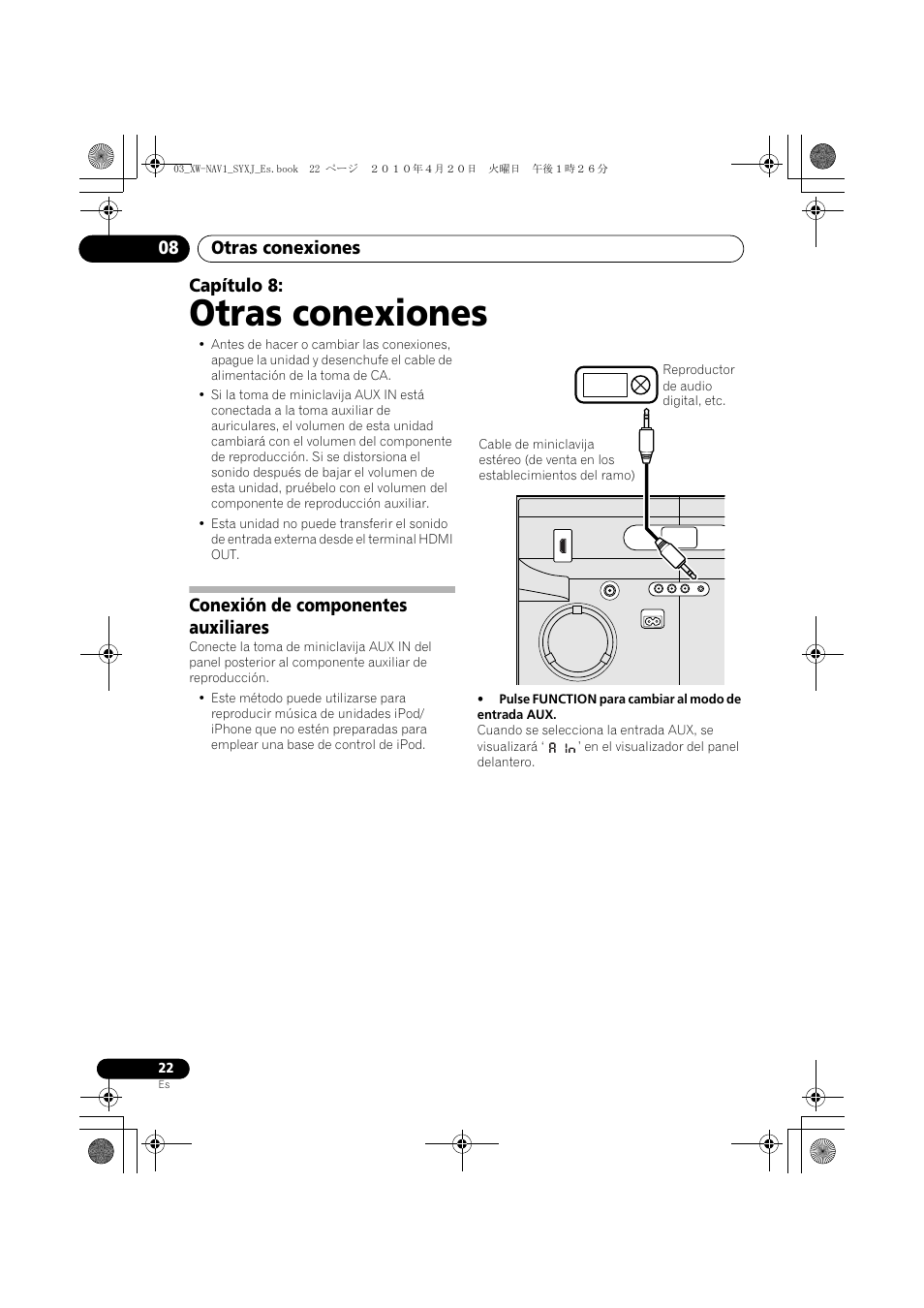 08 otras conexiones, Conexión de componentes auxiliares, Otras conexiones | Otras conexiones 08, Capítulo 8 | Pioneer XW-NAV1-K User Manual | Page 106 / 128