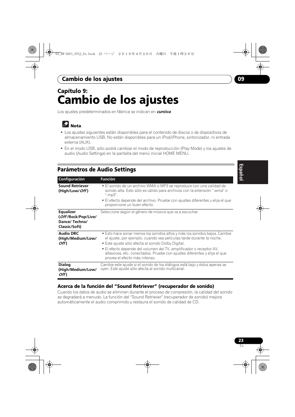 09 cambio de los ajustes, Parámetros de audio settings, Cambio de los ajustes | Cambio de los ajustes 09, Capítulo 9 | Pioneer XW-NAV1-K User Manual | Page 107 / 128
