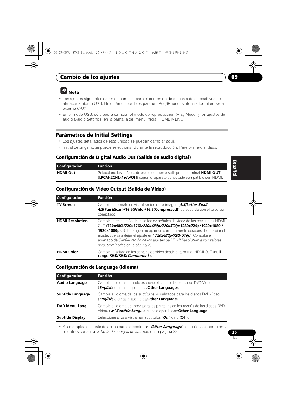 Parámetros de initial settings, Cambio de los ajustes 09 | Pioneer XW-NAV1-K User Manual | Page 109 / 128