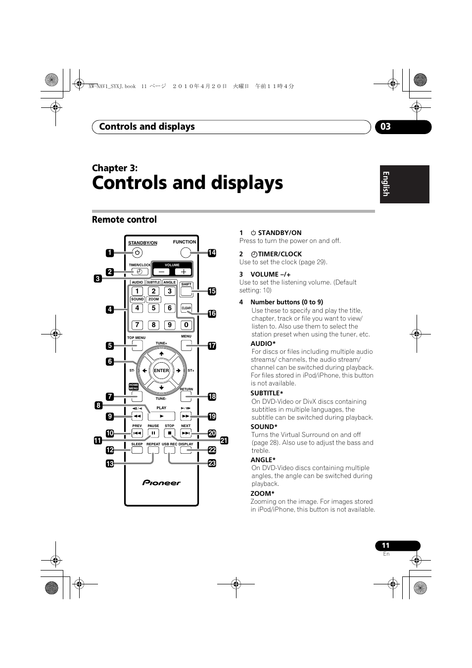03 controls and displays, Remote control, Controls and displays | Controls and displays 03, Chapter 3, English français español | Pioneer XW-NAV1-K User Manual | Page 11 / 128