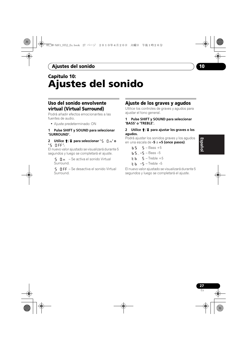 10 ajustes del sonido, Ajustes del sonido, Ajustes del sonido 10 | Capítulo 10, Ajuste de los graves y agudos | Pioneer XW-NAV1-K User Manual | Page 111 / 128