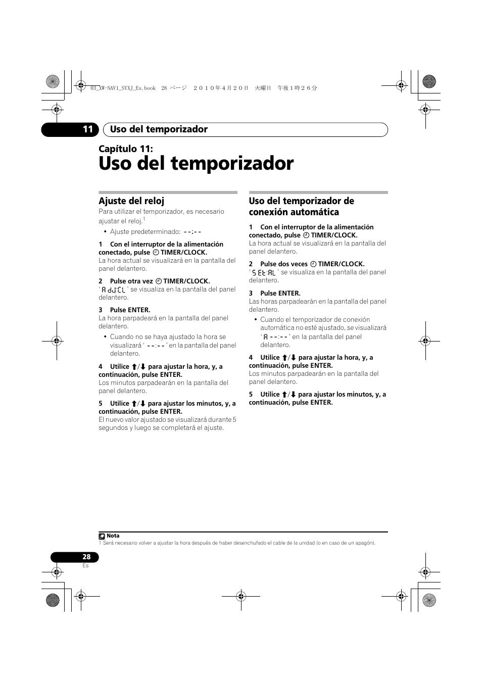 11 uso del temporizador, Uso del temporizador, Uso del temporizador 11 | Capítulo 11, Ajuste del reloj, Uso del temporizador de conexión automática | Pioneer XW-NAV1-K User Manual | Page 112 / 128