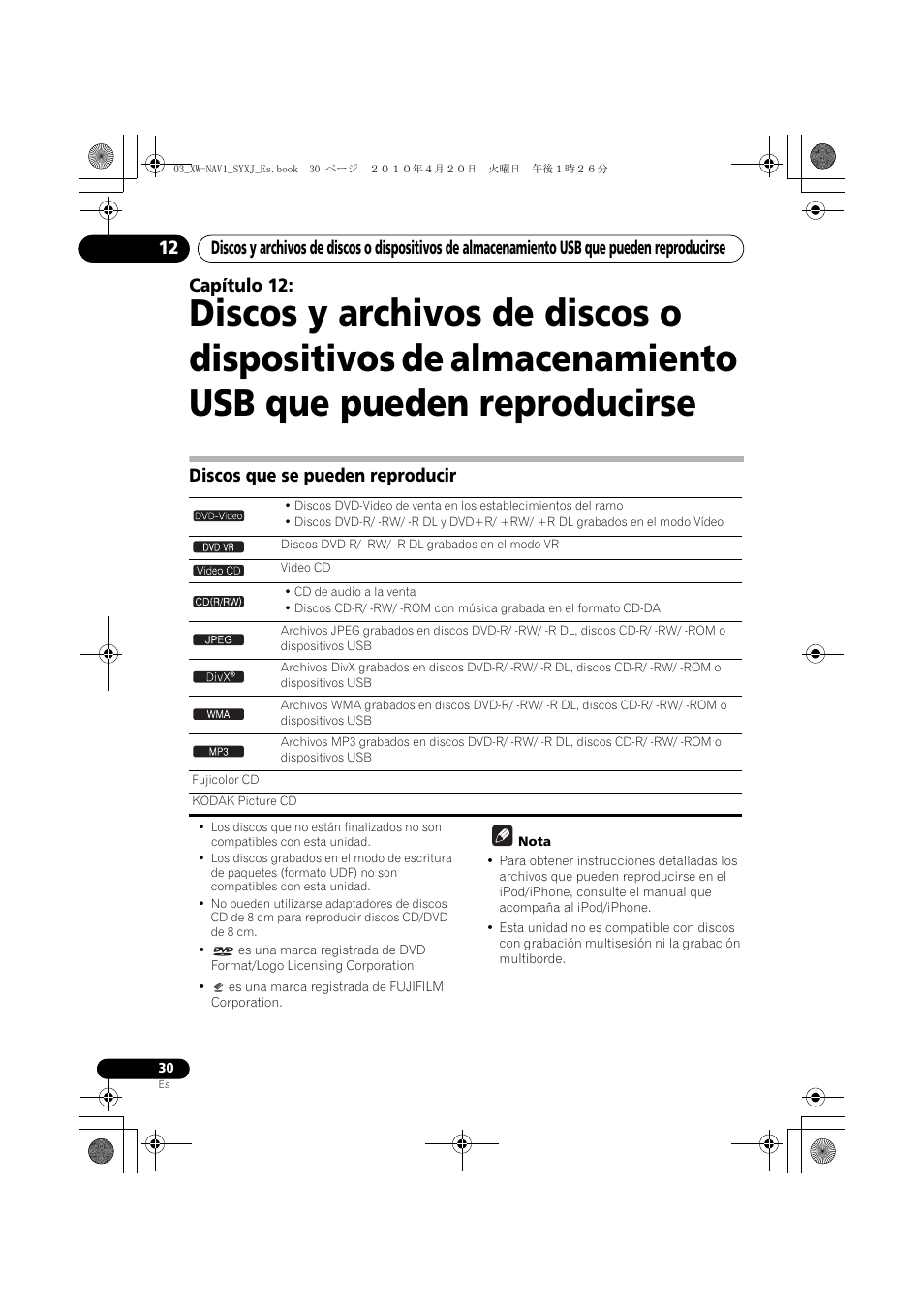 Discos que se pueden reproducir, Capítulo 12 | Pioneer XW-NAV1-K User Manual | Page 114 / 128