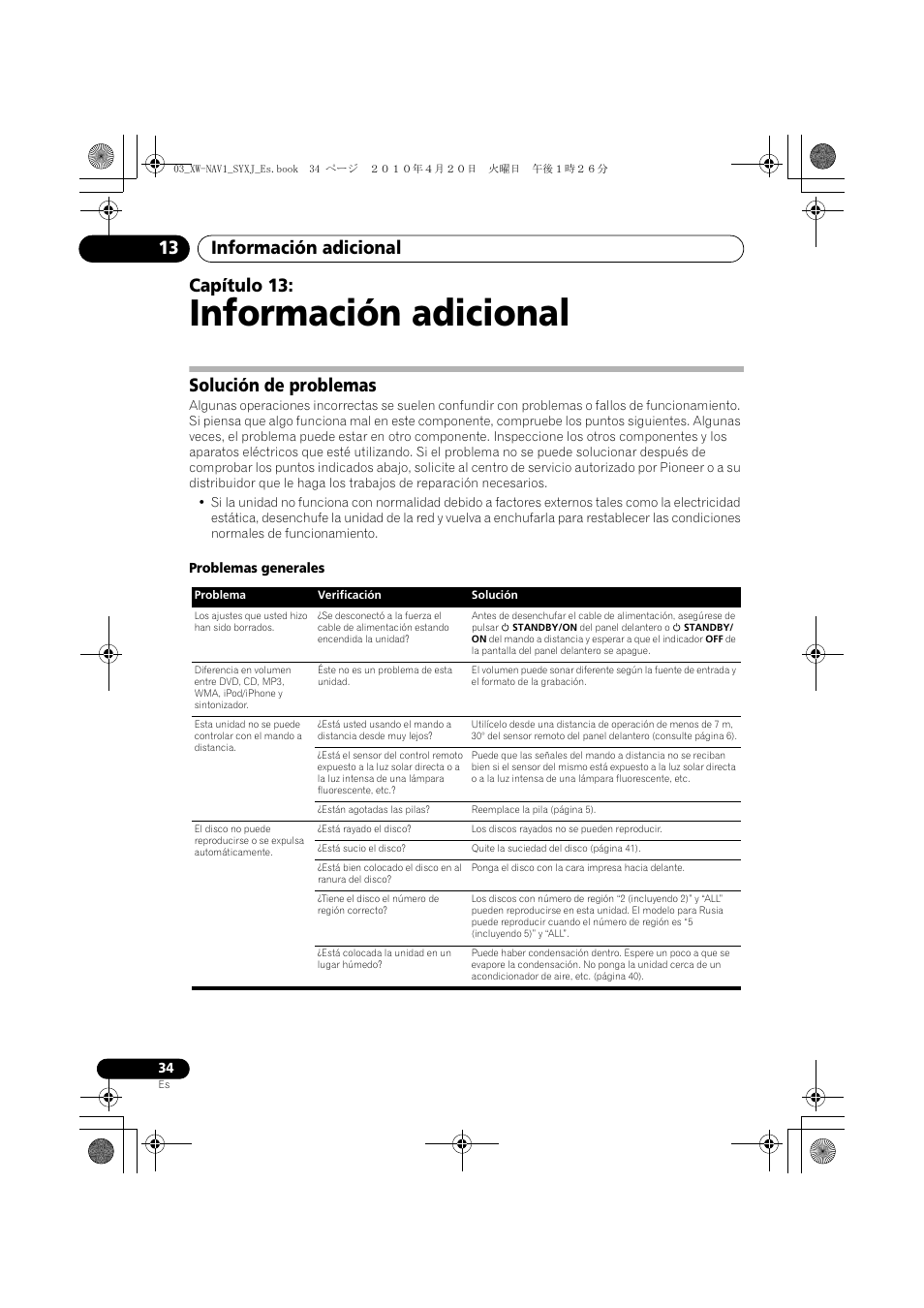 13 información adicional, Solución de problemas, Información adicional | Información adicional 13, Capítulo 13 | Pioneer XW-NAV1-K User Manual | Page 118 / 128