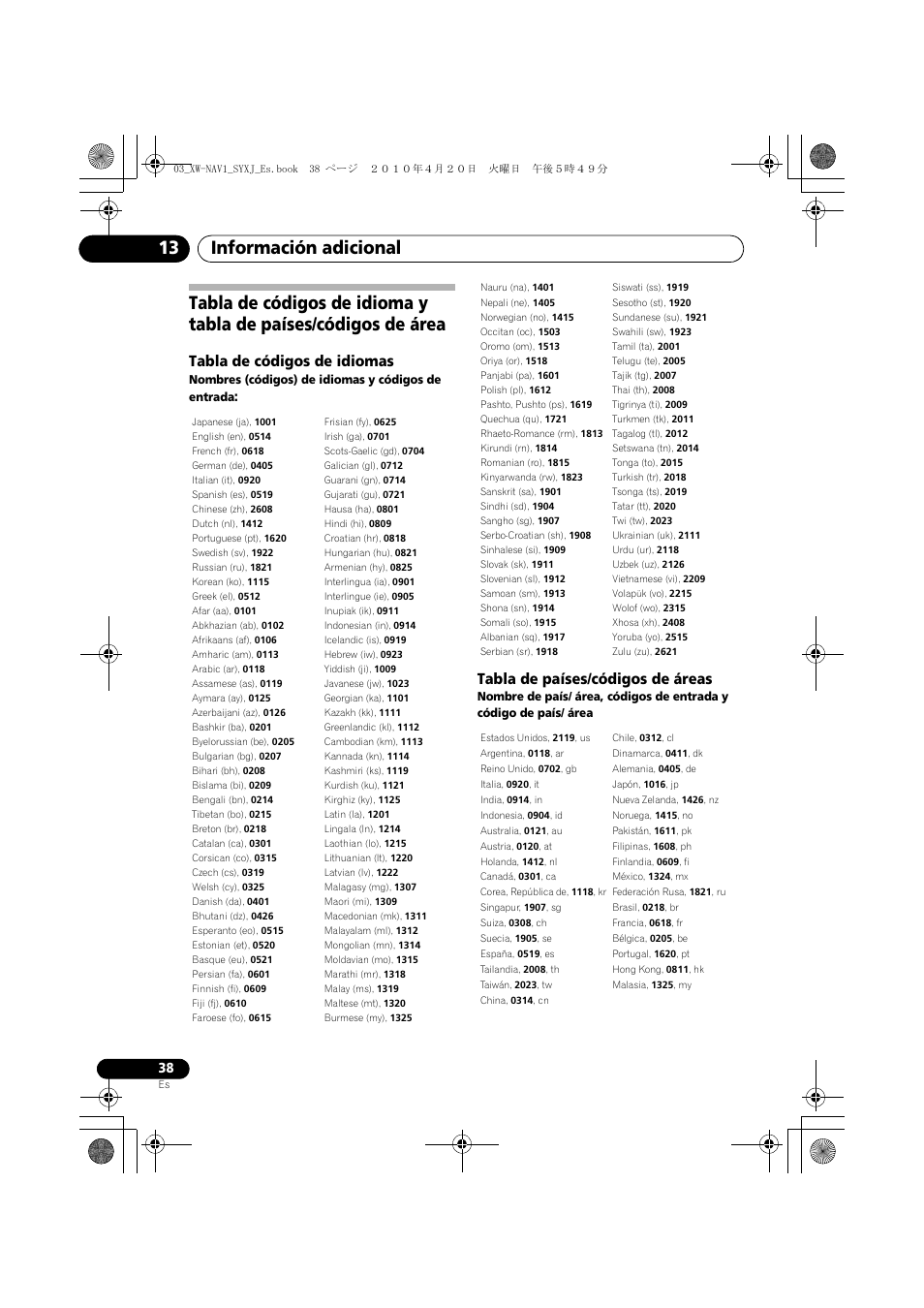 Información adicional 13, Tabla de códigos de idiomas, Tabla de países/códigos de áreas | Pioneer XW-NAV1-K User Manual | Page 122 / 128