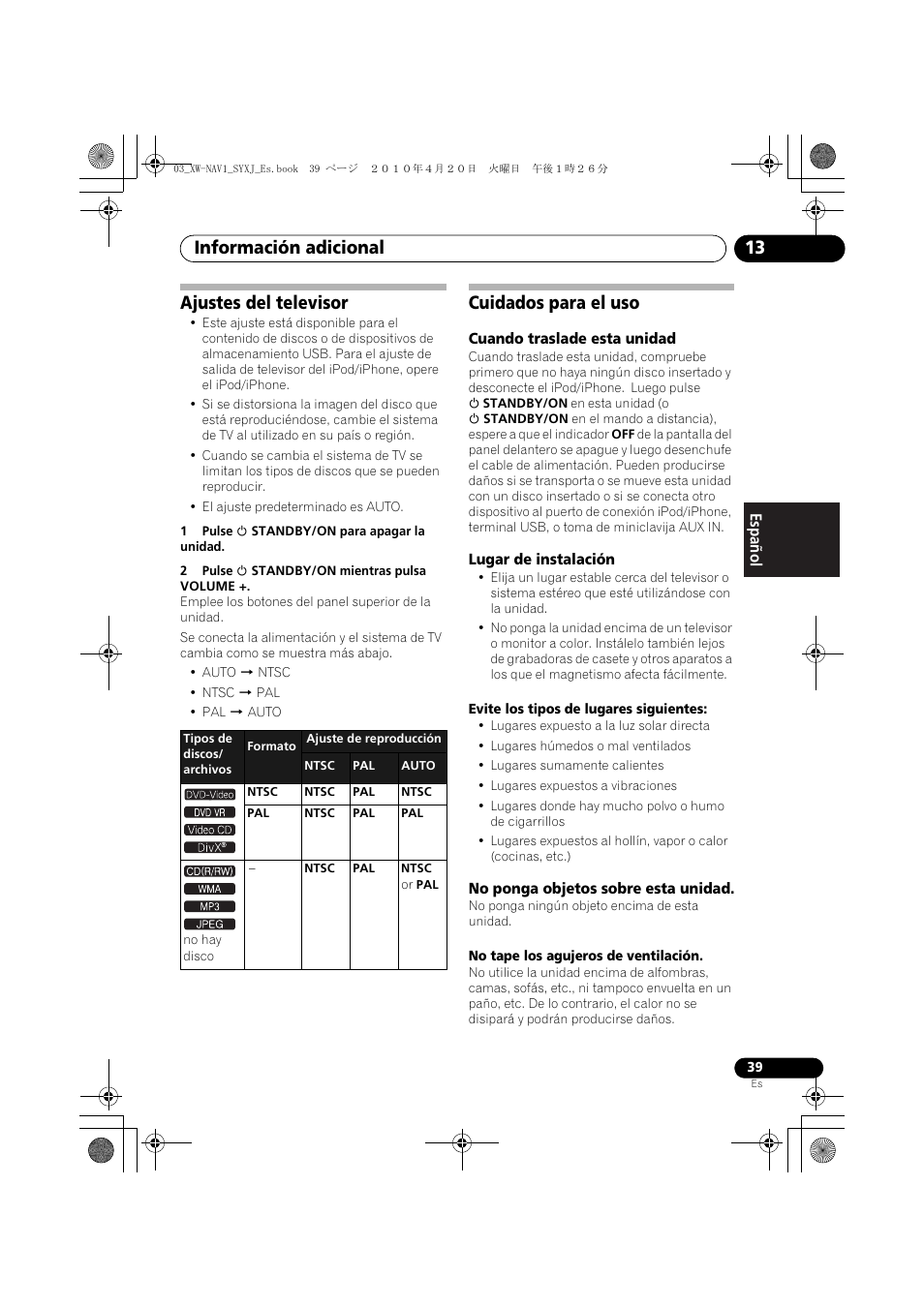 Ajustes del televisor cuidados para el uso, Información adicional 13, Ajustes del televisor | Cuidados para el uso | Pioneer XW-NAV1-K User Manual | Page 123 / 128