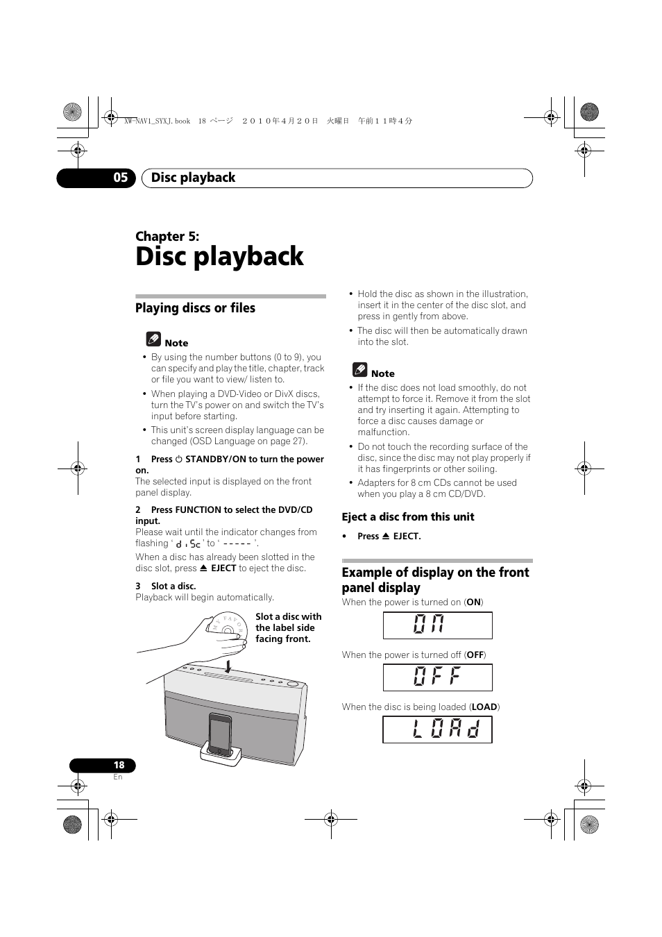 05 disc playback, Playing discs or files, Eject a disc from this unit | Example of display on the front panel display, Disc playback, Disc playback 05, Chapter 5 | Pioneer XW-NAV1-K User Manual | Page 18 / 128