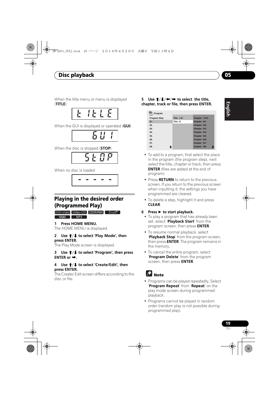 Playing in the desired order (programmed play), Disc playback 05, English français español | Pioneer XW-NAV1-K User Manual | Page 19 / 128