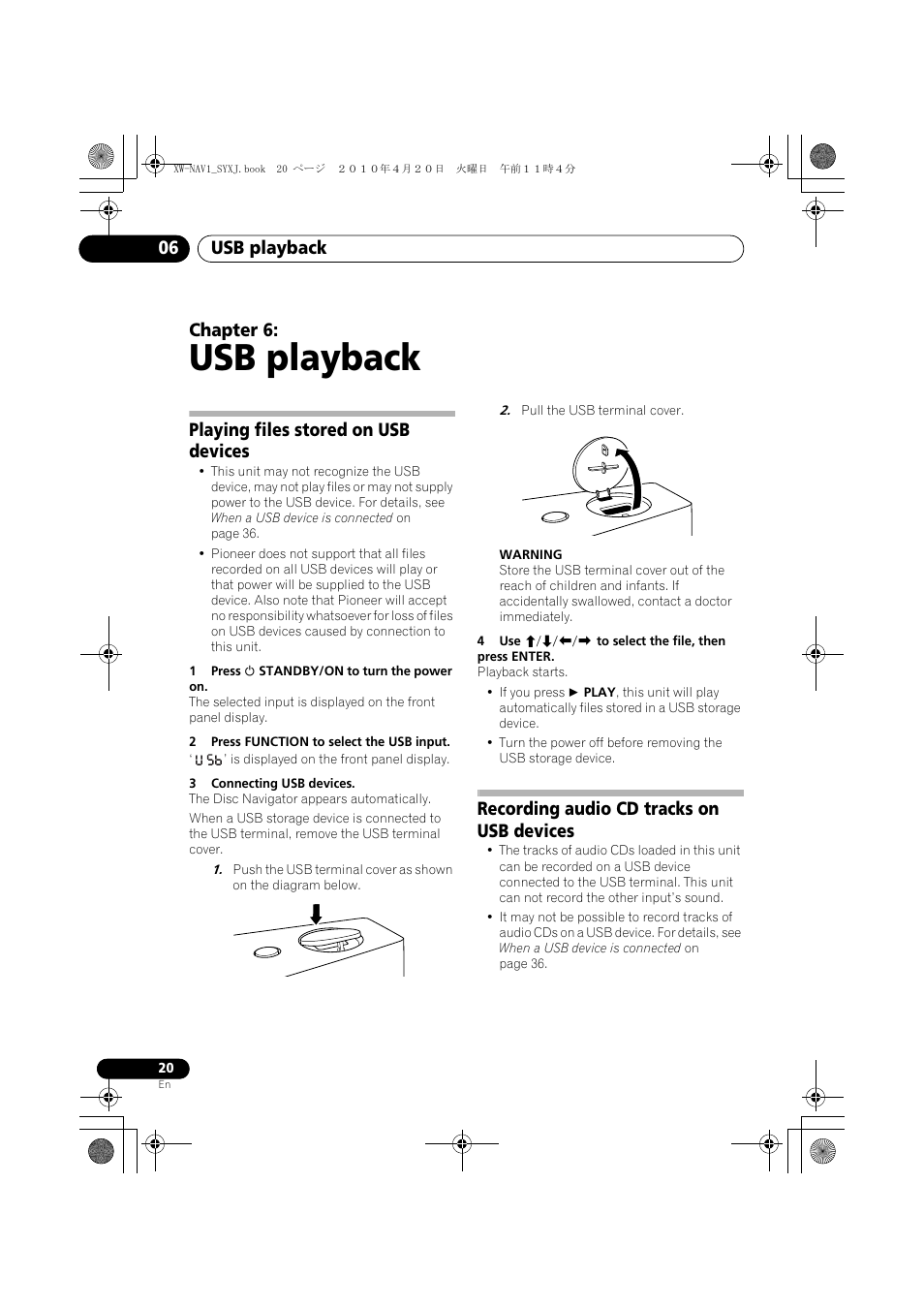 06 usb playback, Playing files stored on usb devices, Recording audio cd tracks on usb devices | Usb playback, Usb playback 06, Chapter 6 | Pioneer XW-NAV1-K User Manual | Page 20 / 128