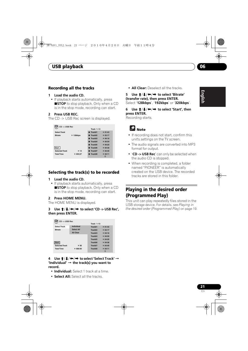 Recording all the tracks, Selecting the track(s) to be recorded, Playing in the desired order | Programmed play), Usb playback 06, Playing in the desired order (programmed play), English français español | Pioneer XW-NAV1-K User Manual | Page 21 / 128