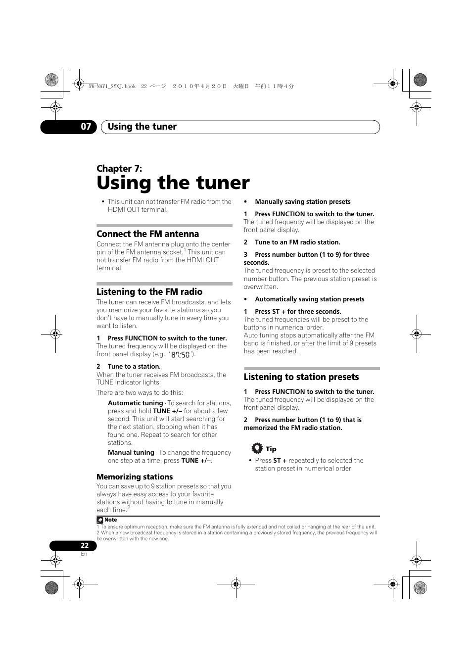 07 using the tuner, Connect the fm antenna, Listening to the fm radio | Memorizing stations, Listening to station presets, Using the tuner, Using the tuner 07, Chapter 7 | Pioneer XW-NAV1-K User Manual | Page 22 / 128