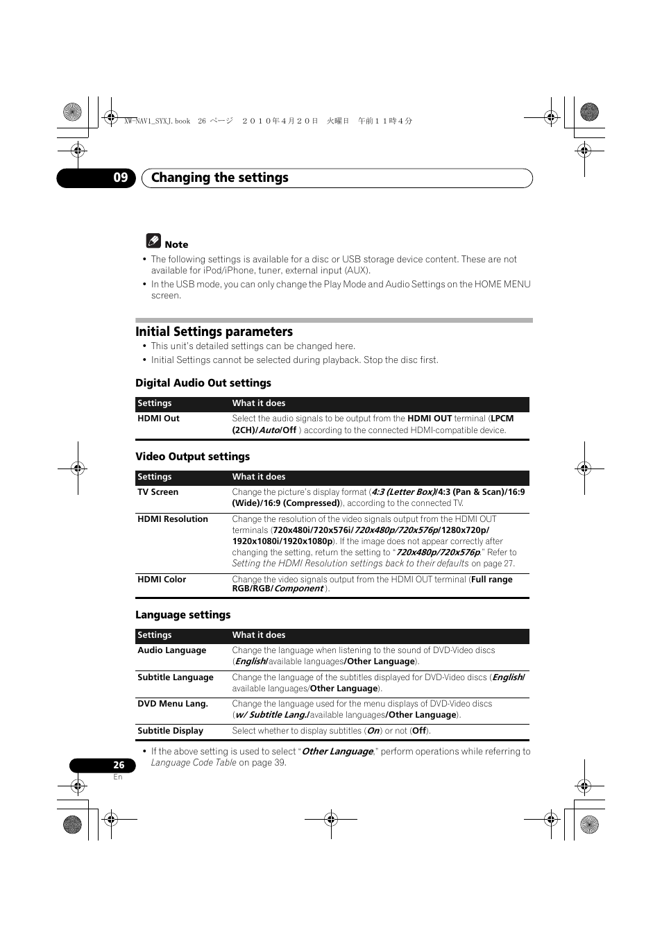 Initial settings parameters, Digital audio out settings, Video output settings | Language settings, Changing the settings 09 | Pioneer XW-NAV1-K User Manual | Page 26 / 128