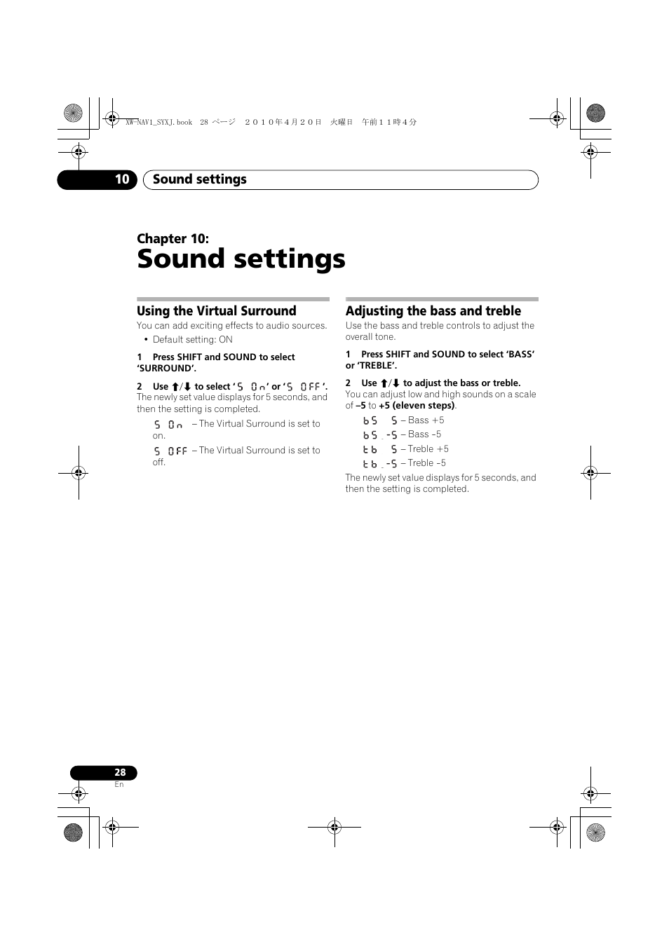 10 sound settings, Using the virtual surround, Adjusting the bass and treble | Sound settings, Sound settings 10, Chapter 10 | Pioneer XW-NAV1-K User Manual | Page 28 / 128