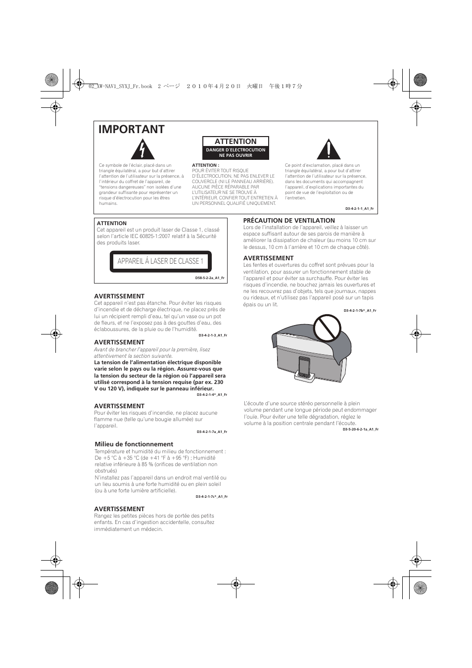 Important, Attention, Appareil á laser de classe 1 | Pioneer XW-NAV1-K User Manual | Page 44 / 128