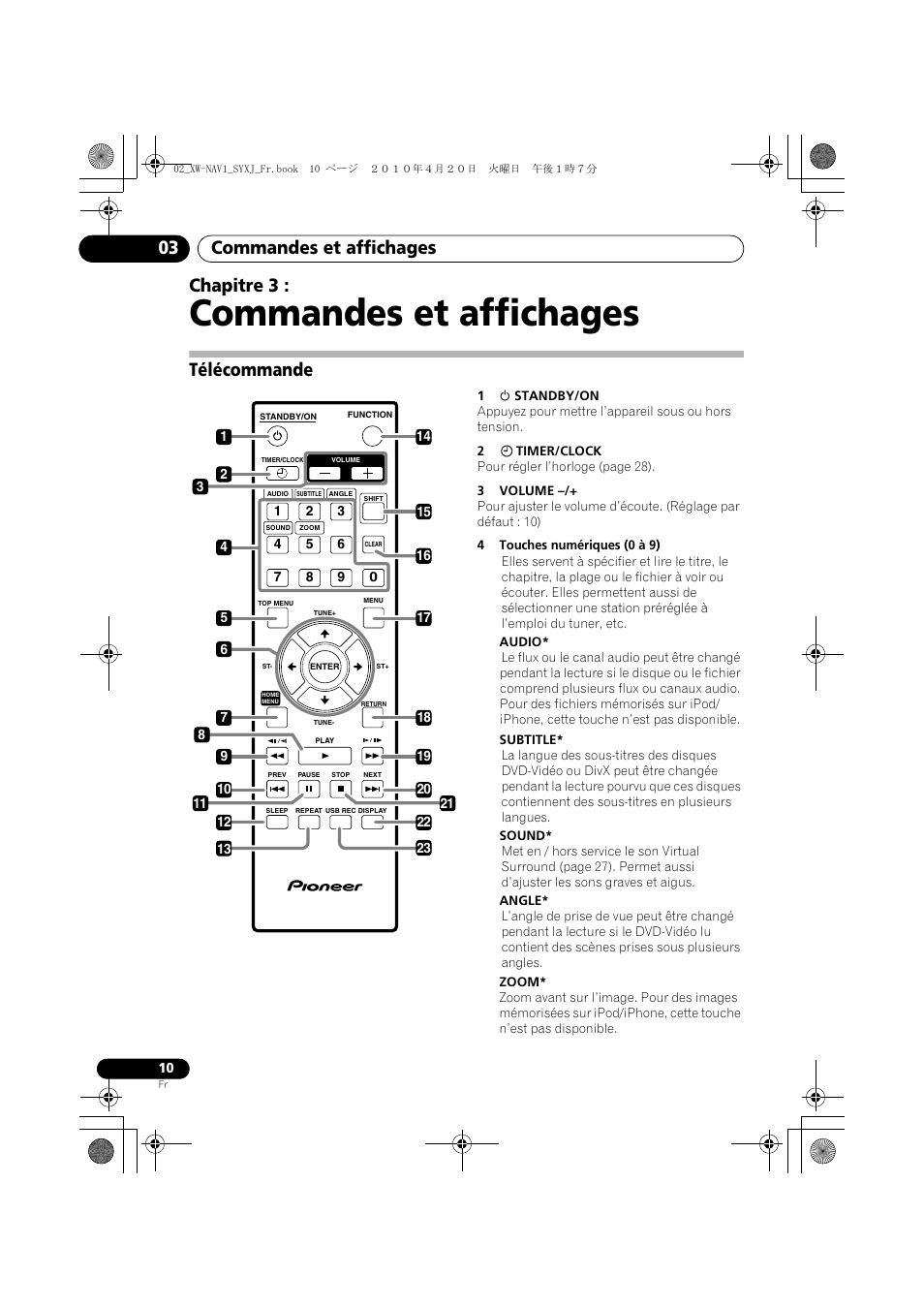 03 commandes et affichages, Télécommande, Commandes et affichages | Commandes et affichages 03, Chapitre 3 | Pioneer XW-NAV1-K User Manual | Page 52 / 128