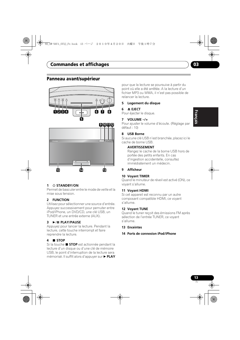 Panneau avant/supérieur, Commandes et affichages 03 | Pioneer XW-NAV1-K User Manual | Page 55 / 128