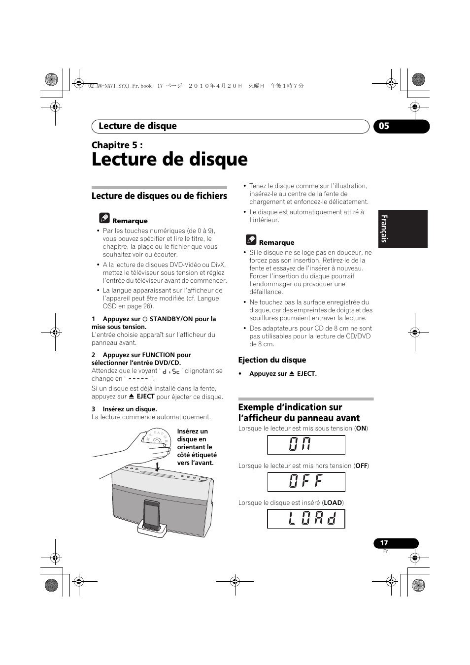 05 lecture de disque, Lecture de disques ou de fichiers, Ejection du disque | Lecture de disque, Lecture de disque 05, Chapitre 5 | Pioneer XW-NAV1-K User Manual | Page 59 / 128