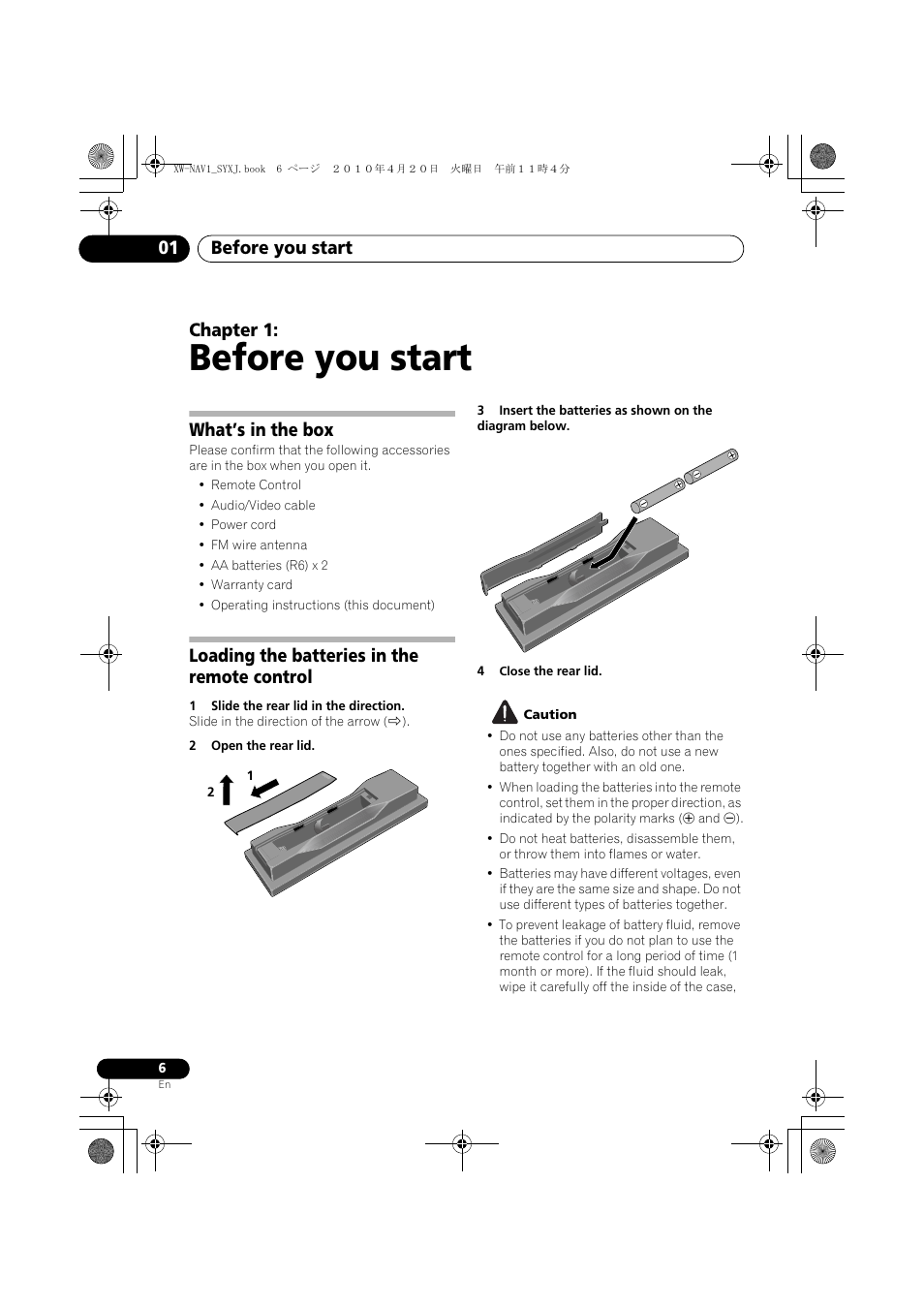 01 before you start, What’s in the box, Loading the batteries in the remote control | Before you start, Before you start 01, Chapter 1 | Pioneer XW-NAV1-K User Manual | Page 6 / 128