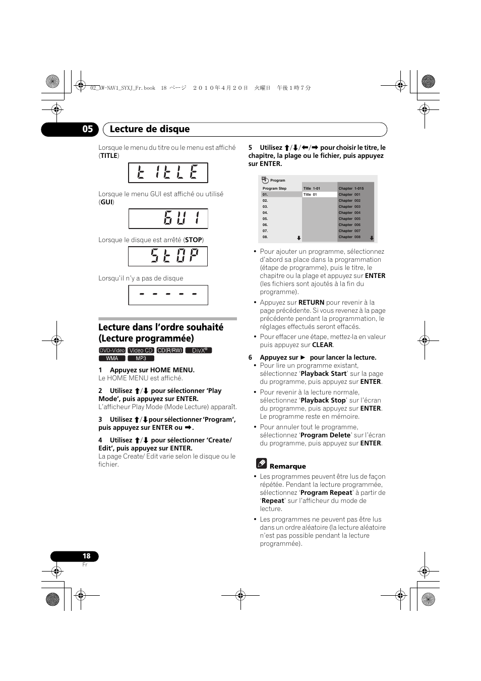 Lecture dans l’ordre souhaité (lecture programmée), Lecture de disque 05 | Pioneer XW-NAV1-K User Manual | Page 60 / 128