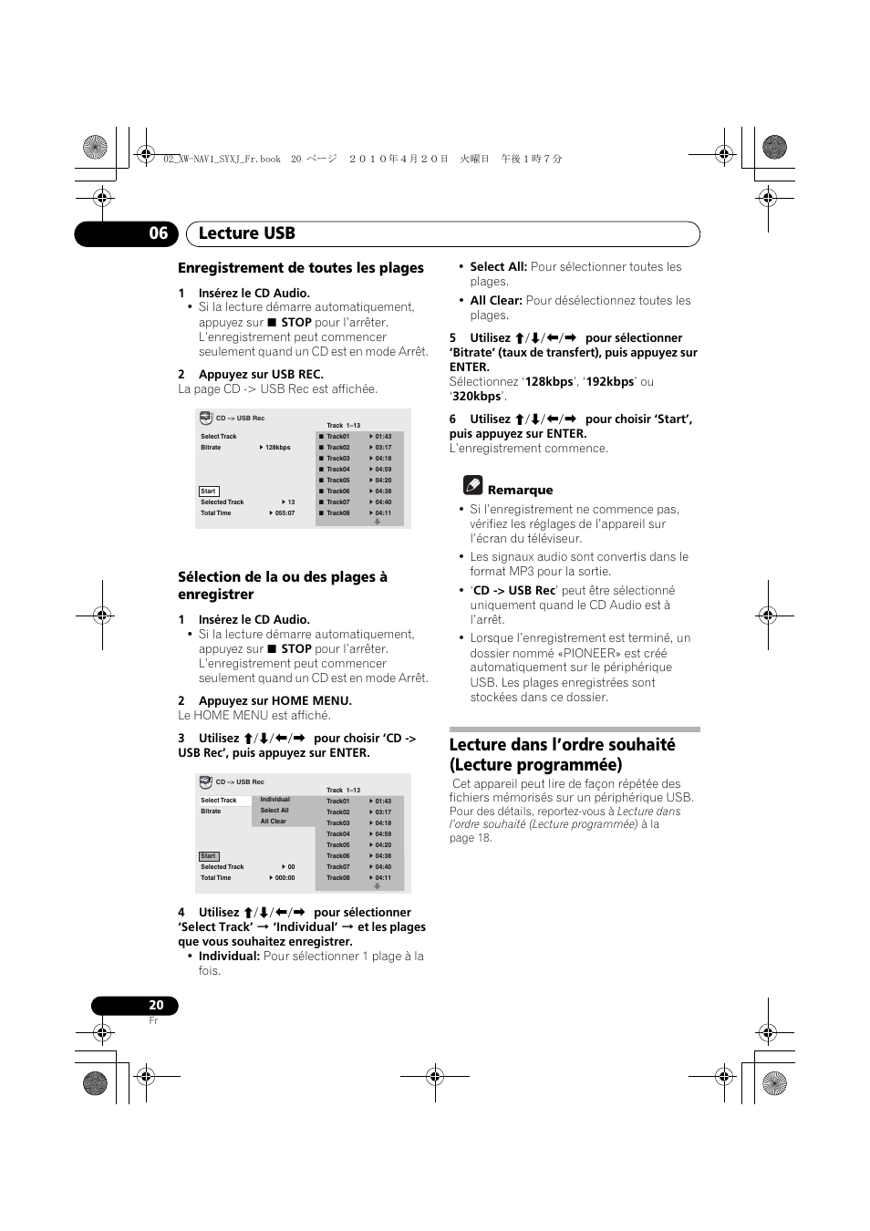 Lecture dans l’ordre souhaité (lecture programmée), Lecture usb 06, Enregistrement de toutes les plages | Sélection de la ou des plages à enregistrer | Pioneer XW-NAV1-K User Manual | Page 62 / 128