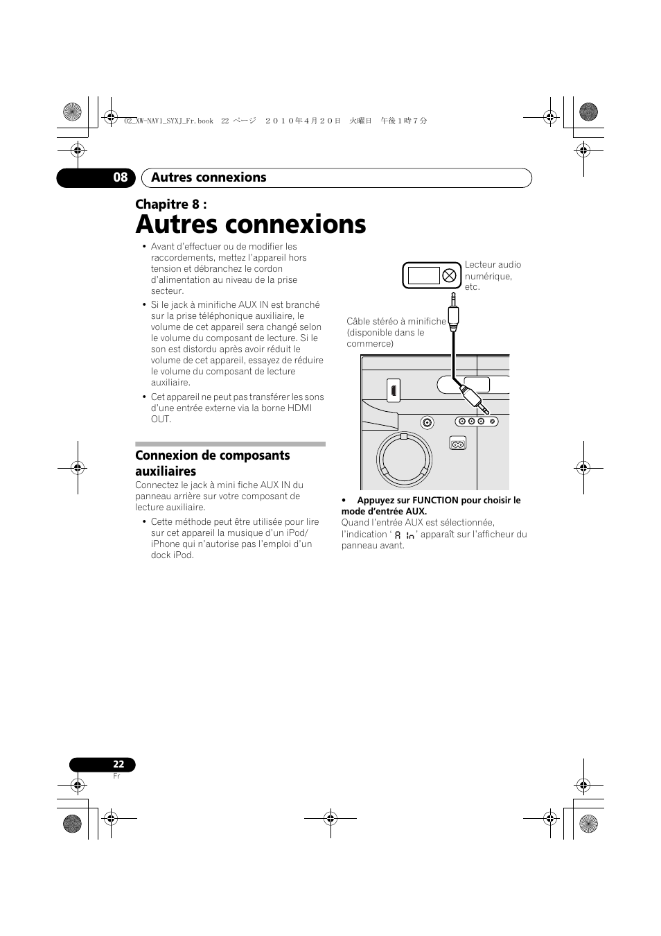08 autres connexions, Connexion de composants auxiliaires, Autres connexions | Autres connexions 08, Chapitre 8 | Pioneer XW-NAV1-K User Manual | Page 64 / 128