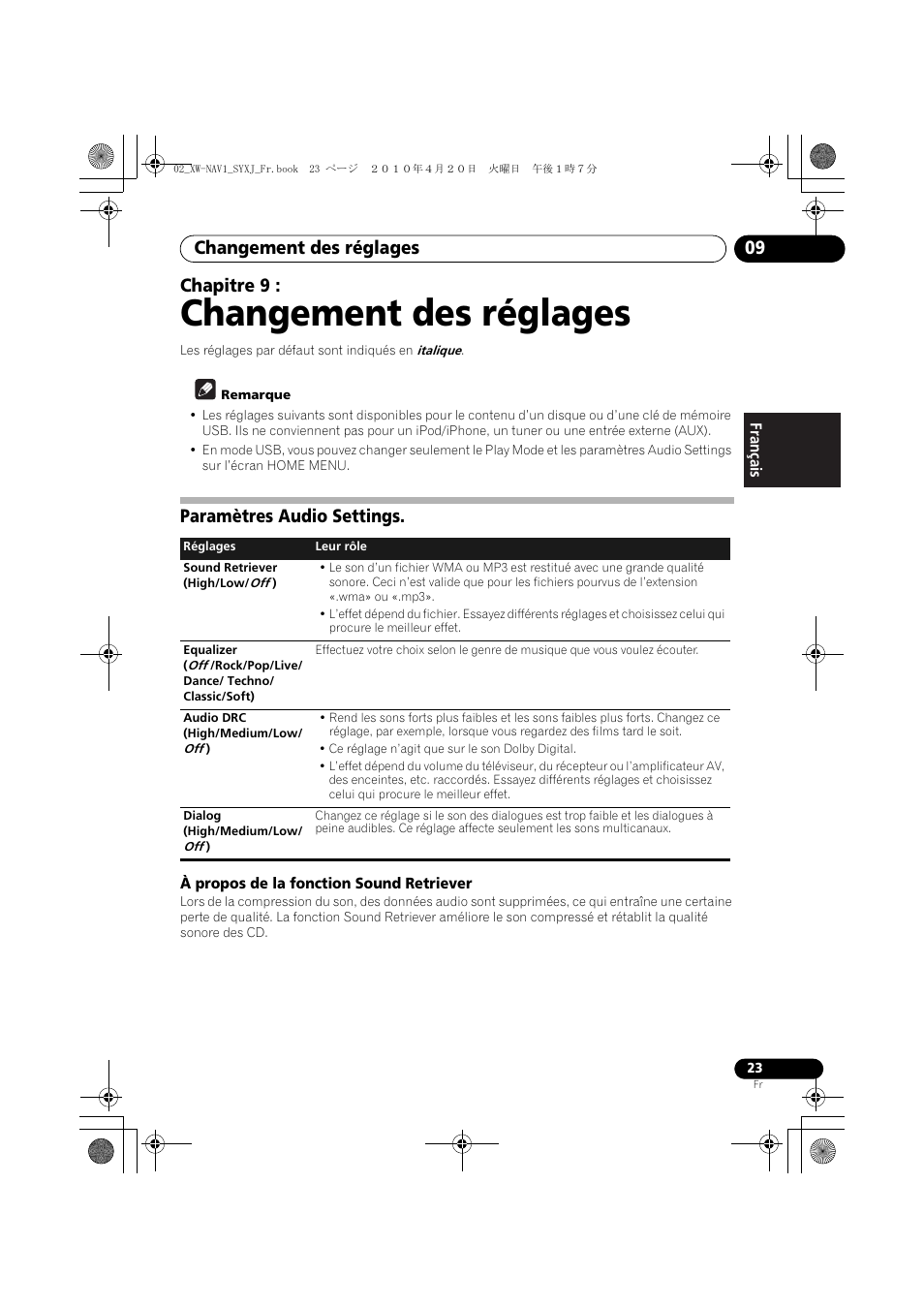 09 changement des réglages, Paramètres audio settings, À propos de la fonction sound retriever | Changement des réglages, Changement des réglages 09, Chapitre 9 | Pioneer XW-NAV1-K User Manual | Page 65 / 128