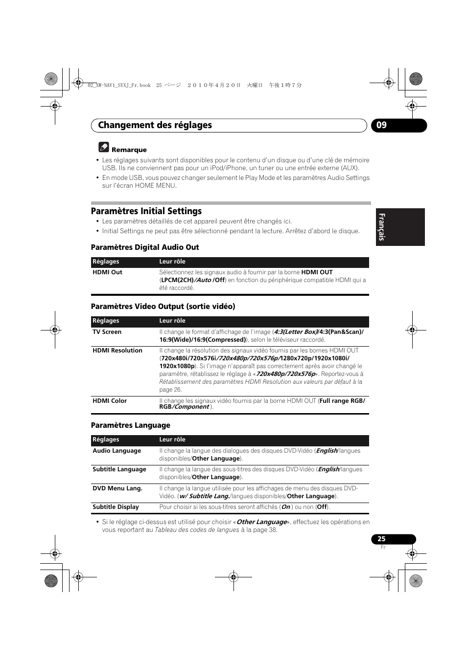 Paramètres initial settings, Changement des réglages 09 | Pioneer XW-NAV1-K User Manual | Page 67 / 128