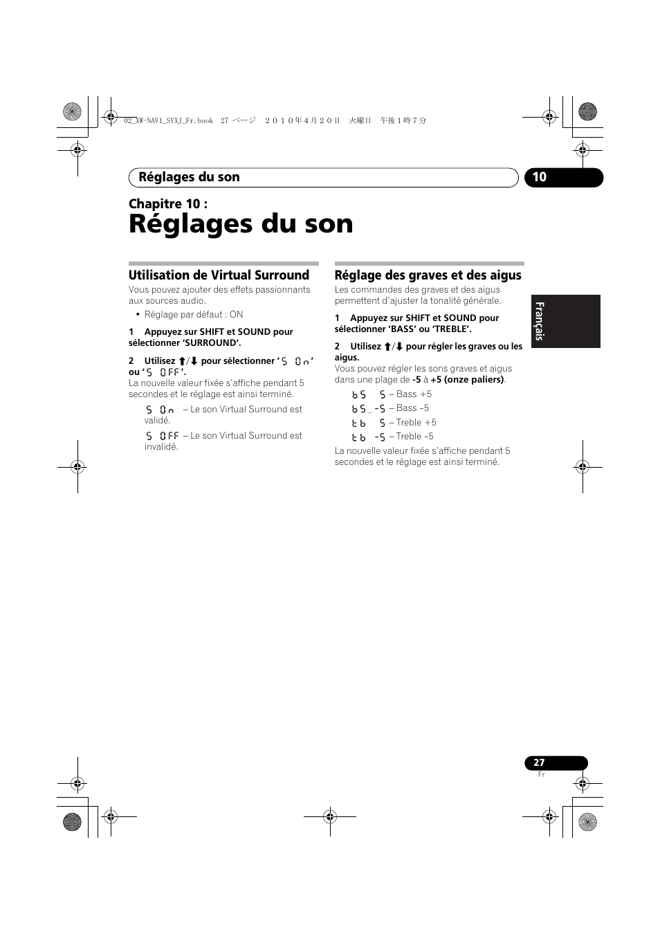 10 réglages du son, Réglages du son, Réglages du son 10 | Chapitre 10, Utilisation de virtual surround, Réglage des graves et des aigus | Pioneer XW-NAV1-K User Manual | Page 69 / 128