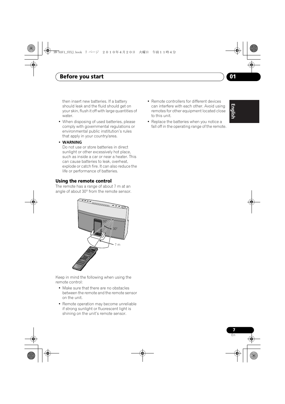 Using the remote control, Before you start 01 | Pioneer XW-NAV1-K User Manual | Page 7 / 128