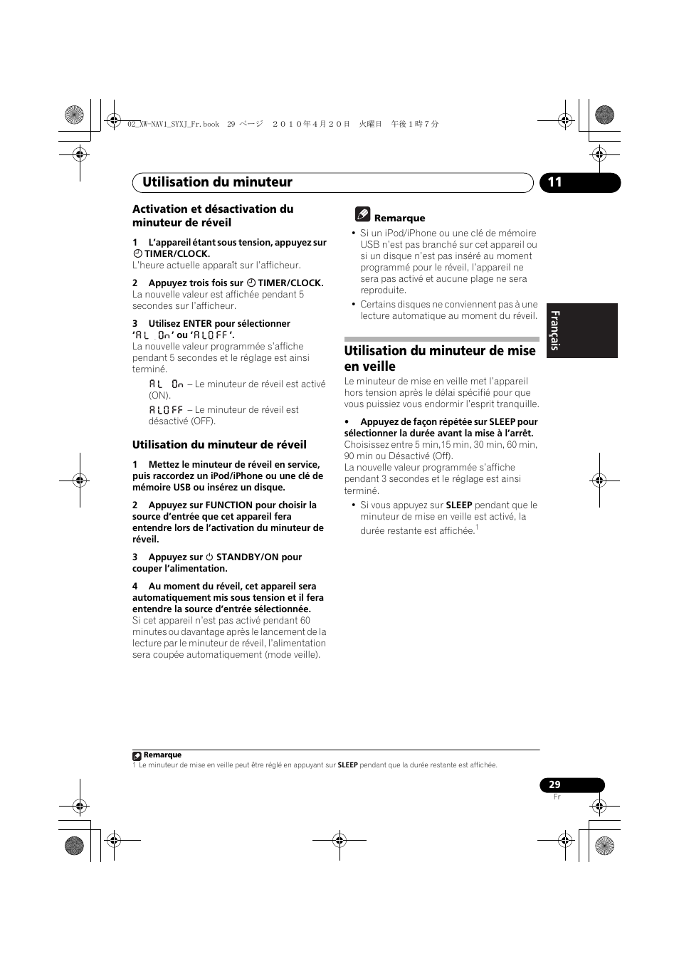 Utilisation du minuteur de mise en veille, Utilisation du minuteur 11 | Pioneer XW-NAV1-K User Manual | Page 71 / 128