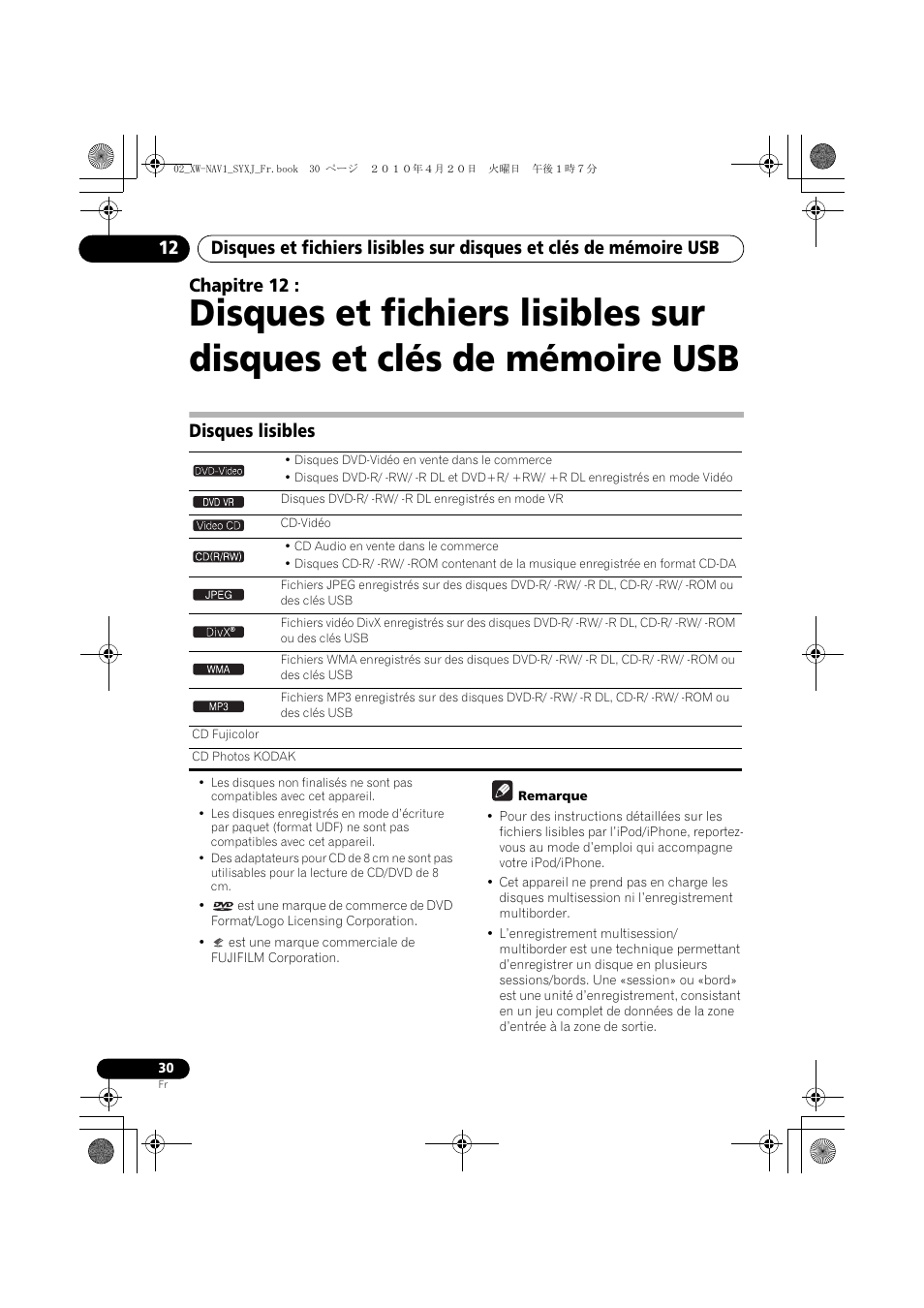 Disques lisibles, Chapitre 12 | Pioneer XW-NAV1-K User Manual | Page 72 / 128