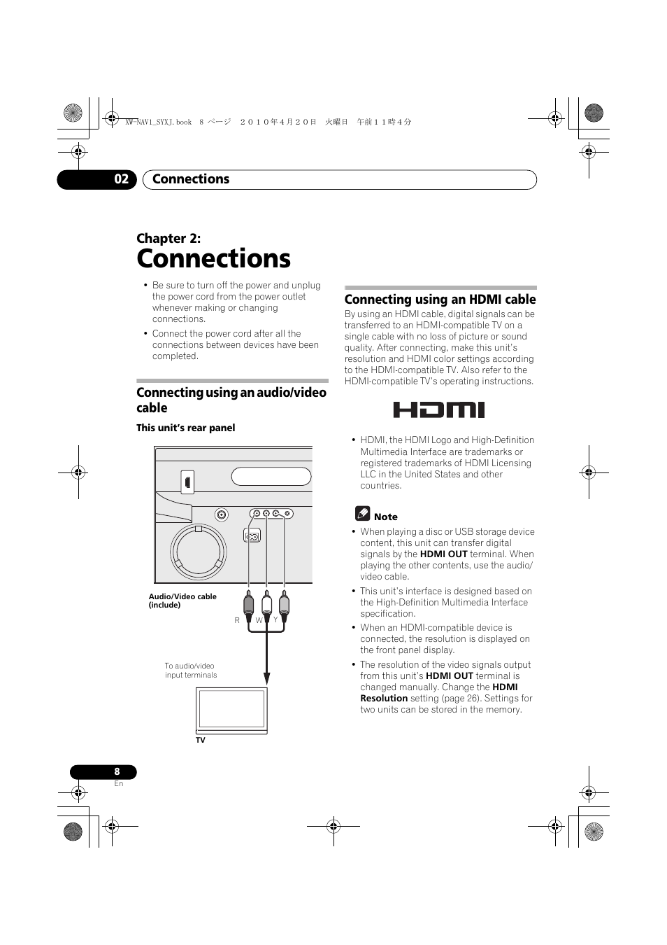 02 connections, Connecting using an audio/video cable, Connecting using an hdmi cable | Connections, Connections 02, Chapter 2 | Pioneer XW-NAV1-K User Manual | Page 8 / 128