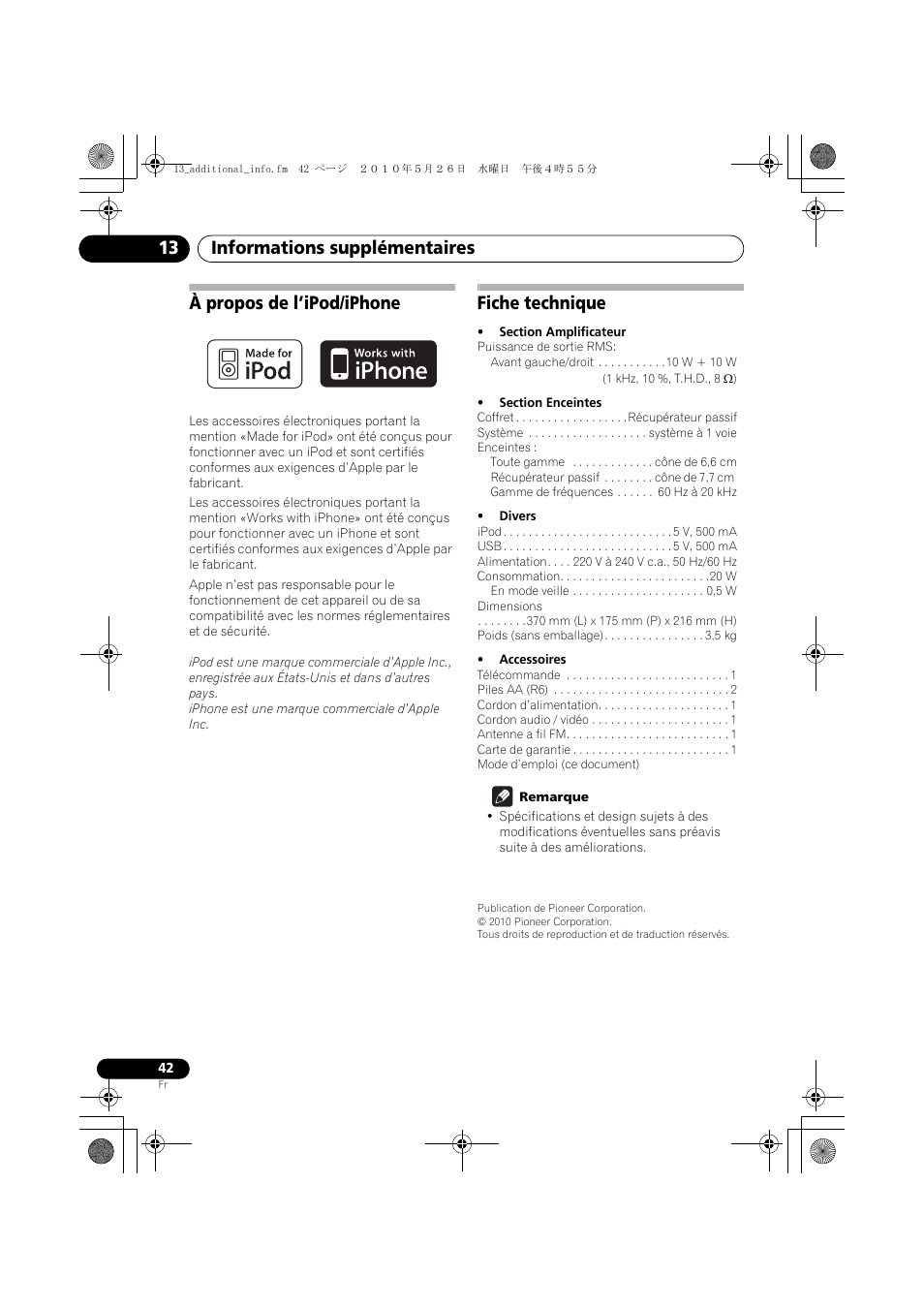 À propos de l’ipod/iphone fiche technique, Informations supplémentaires 13, À propos de l’ipod/iphone | Fiche technique | Pioneer XW-NAV1-K User Manual | Page 84 / 128