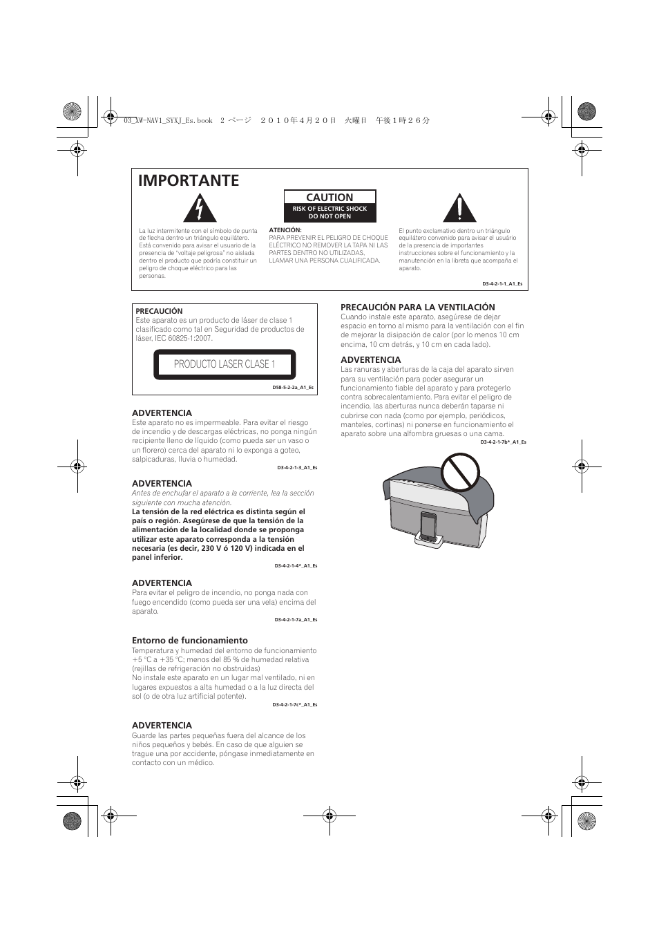 Importante, Caution, Producto laser clase 1 | Pioneer XW-NAV1-K User Manual | Page 86 / 128
