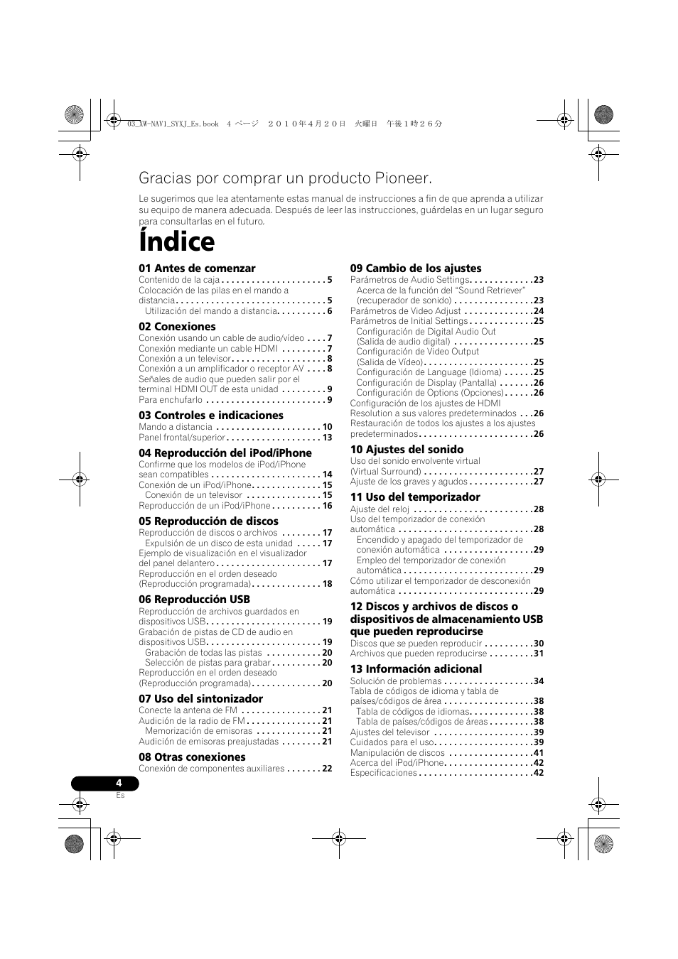 Sistema de dvd con parlante para ipod, Manual de instrucciones, Índice | Gracias por comprar un producto pioneer | Pioneer XW-NAV1-K User Manual | Page 88 / 128