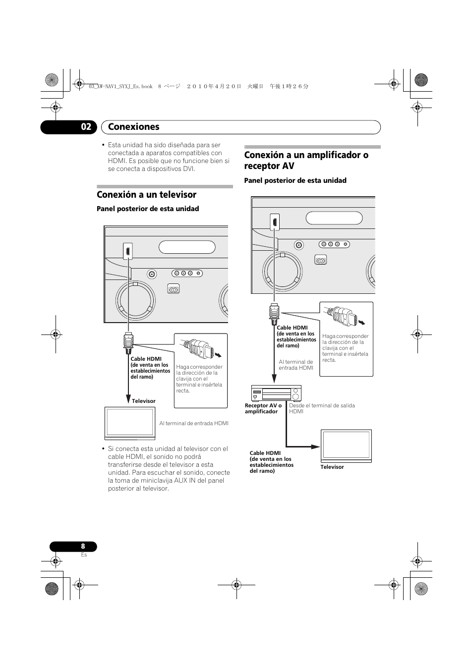 Conexiones 02, Conexión a un televisor, Conexión a un amplificador o receptor av | Pioneer XW-NAV1-K User Manual | Page 92 / 128