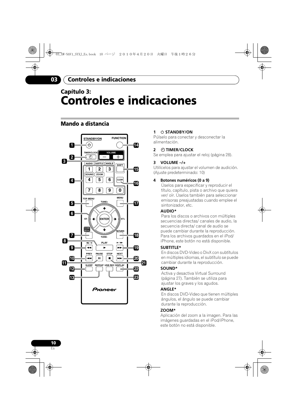 03 controles e indicaciones, Mando a distancia, Controles e indicaciones | Controles e indicaciones 03, Capítulo 3 | Pioneer XW-NAV1-K User Manual | Page 94 / 128