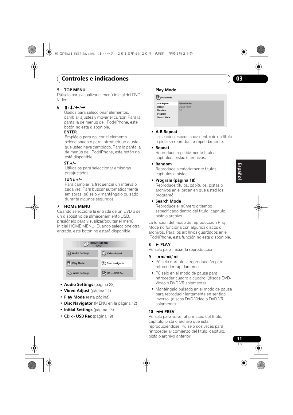 Controles e indicaciones 03, English français español | Pioneer XW-NAV1-K User Manual | Page 95 / 128