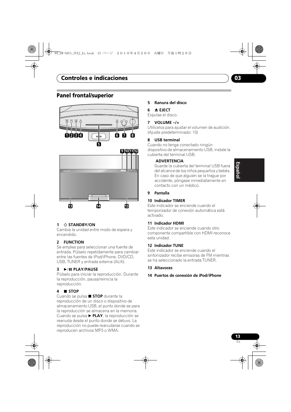 Panel frontal/superior, Controles e indicaciones 03 | Pioneer XW-NAV1-K User Manual | Page 97 / 128