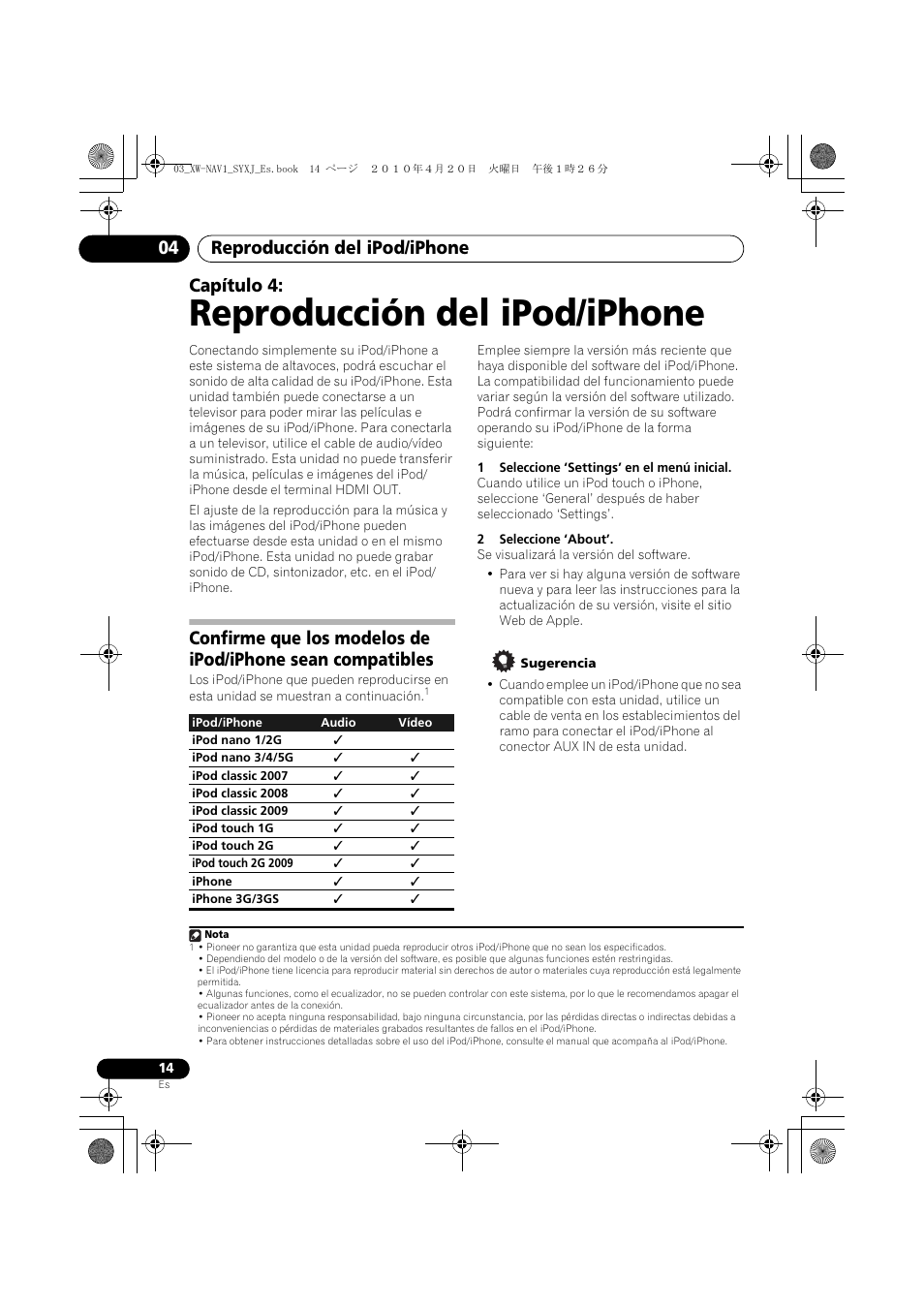 04 reproducción del ipod/iphone, Reproducción del ipod/iphone, Reproducción del ipod/iphone 04 | Capítulo 4 | Pioneer XW-NAV1-K User Manual | Page 98 / 128