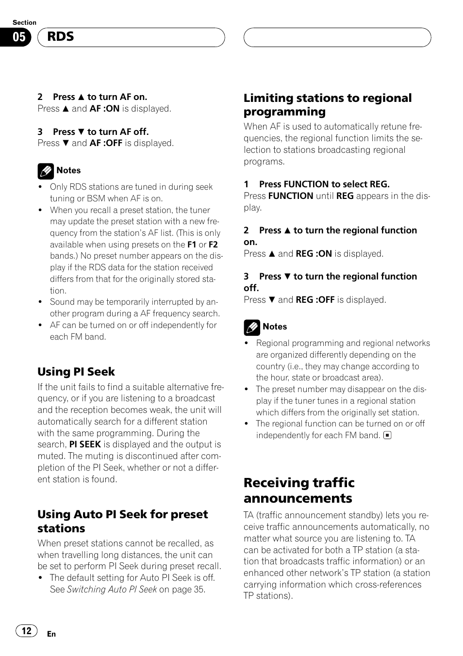 Using pi seek 12, Using auto pi seek for preset, Stations 12 | Limiting stations to regional, Programming 12, Receiving traffic announcements 12, Receiving traffic announcements, Using pi seek, Using auto pi seek for preset stations, Limiting stations to regional programming | Pioneer DEH-P3500MP User Manual | Page 12 / 92