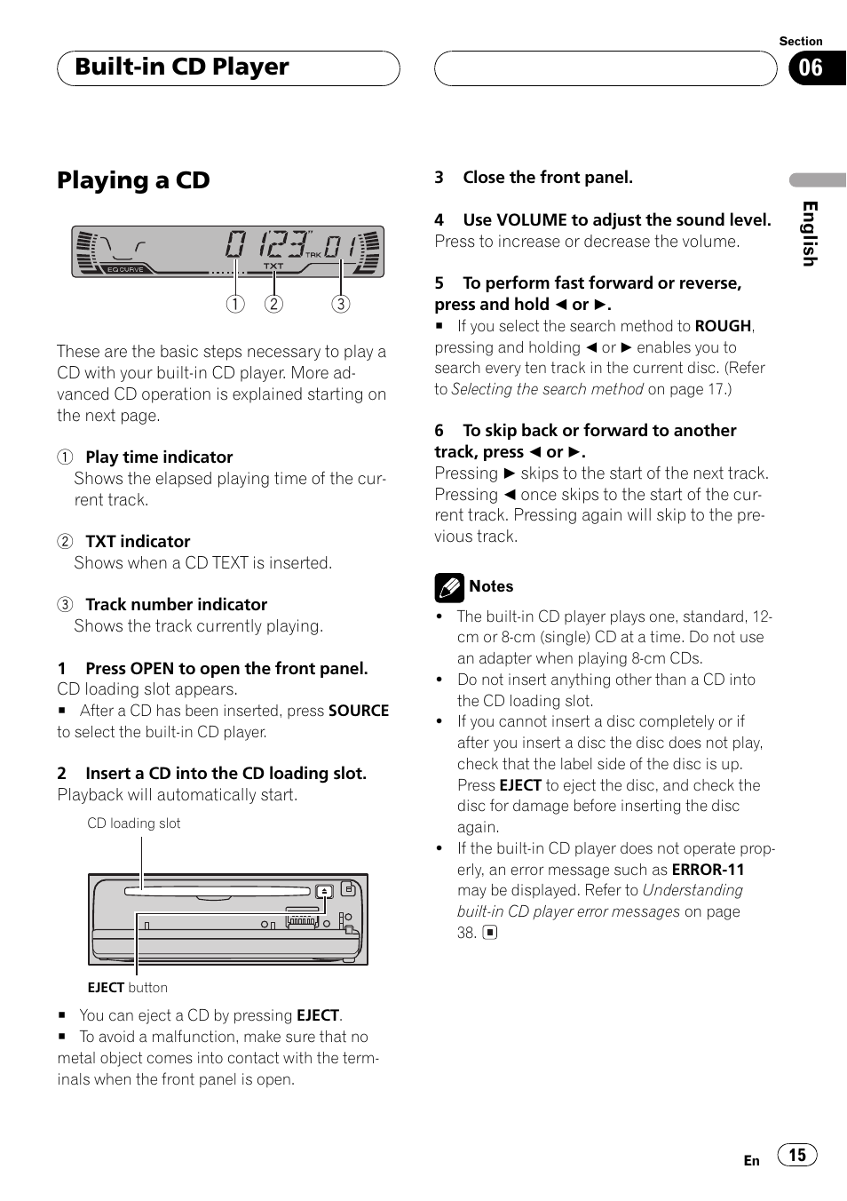 Built-in cd player playing a cd 15, Playing a cd, Built-in cd player | Pioneer DEH-P3500MP User Manual | Page 15 / 92